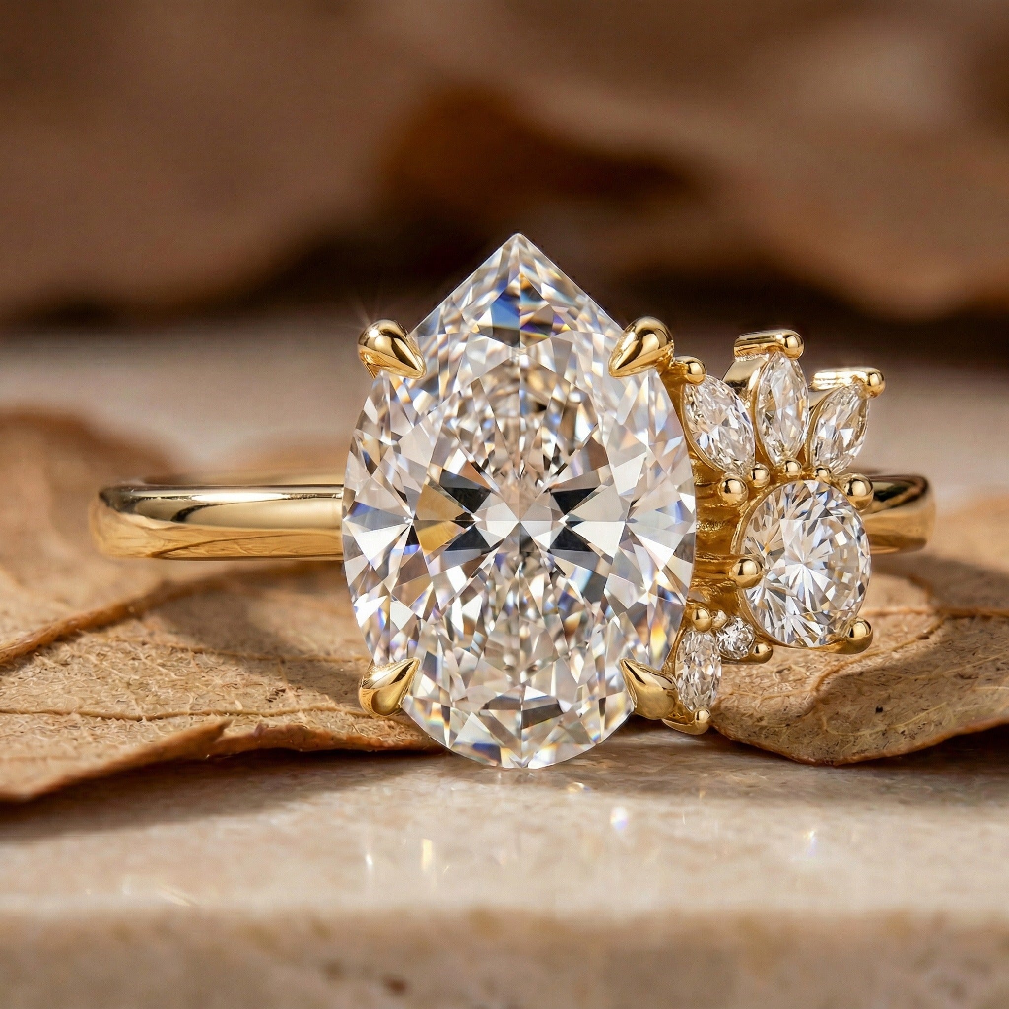 R1502 Pear Cut Asymmetric Floral Cluster Ring