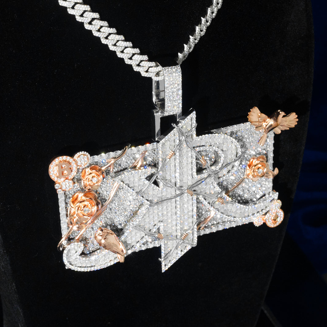 Custom Iced Two-Tone Moissanite Thorned Rose Cross Pendant