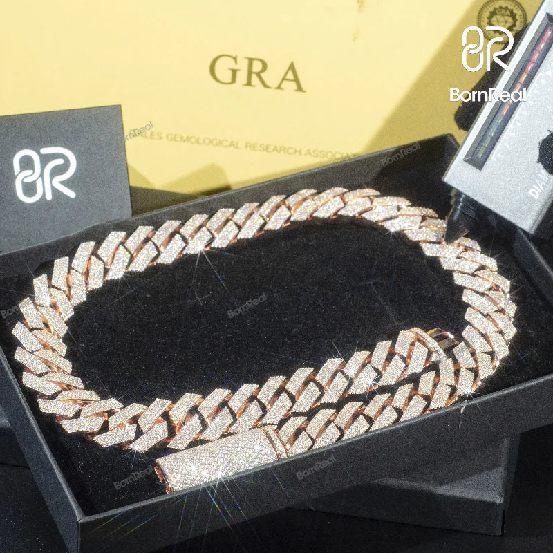 925 Sterling Silver Iced-Out Gold Cuban Link Chain Luxury VVS Stone Bornreal Jewelry