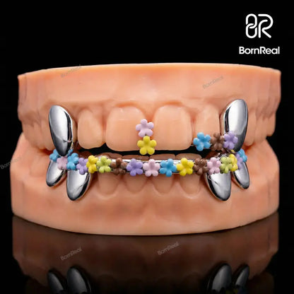 Custom Colorful Floral Enamel Fang Grillz