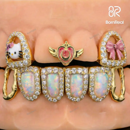 Custom Kitty & Opal Moissanite Diamond Grillz