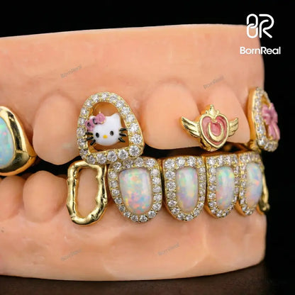 Custom Kitty & Opal Moissanite Diamond Grillz