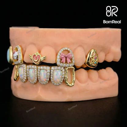 Custom Kitty & Opal Moissanite Diamond Grillz