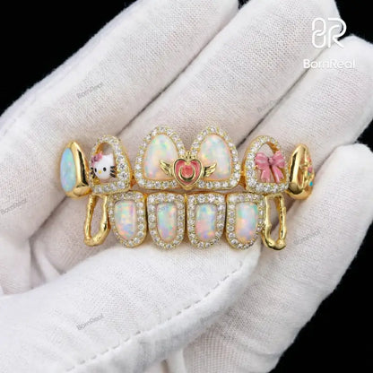 Custom Kitty & Opal Moissanite Diamond Grillz