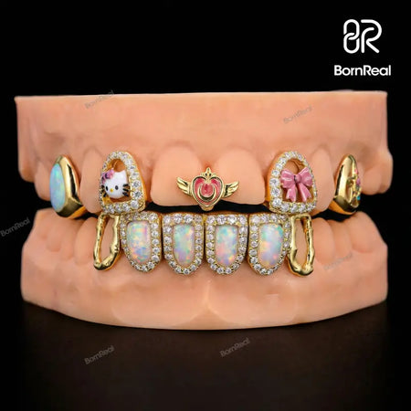 Custom Kitty & Opal Moissanite Diamond Grillz