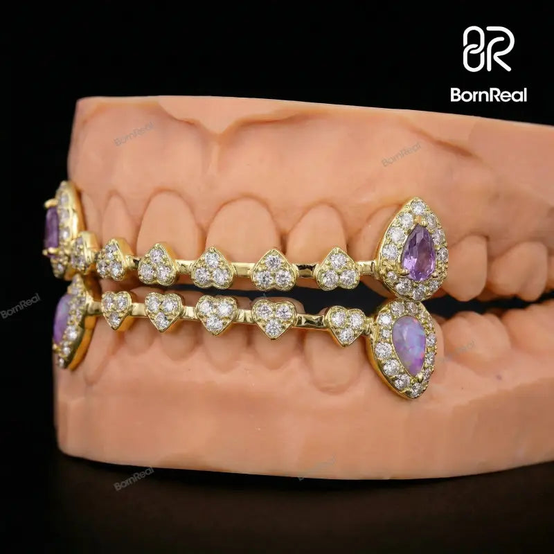 Custom Iced Heart Brace Style & Opal On Fang Moissanite Grillz