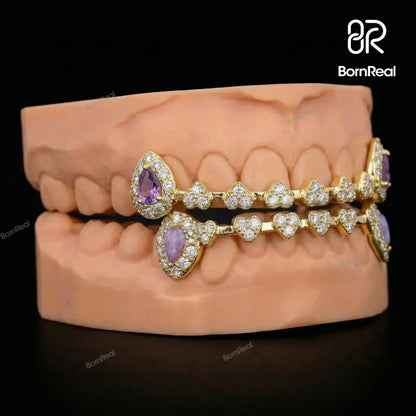 Custom Iced Heart Brace Style & Opal On Fang Moissanite Grillz