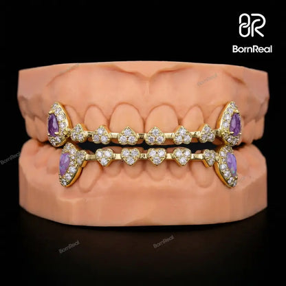 Custom Iced Heart Brace Style & Opal On Fang Moissanite Grillz