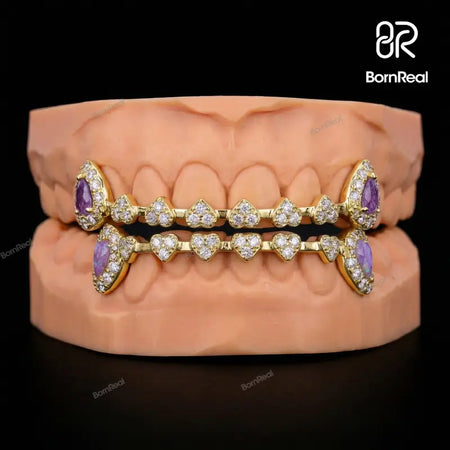 Custom Iced Heart Brace Style & Opal On Fang Moissanite Grillz