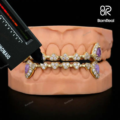 Custom Iced Heart Brace Style & Opal On Fang Moissanite Grillz