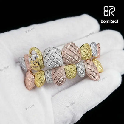 Custom Tri-Tone Diamond Dust And Diamond Cut Grillz
