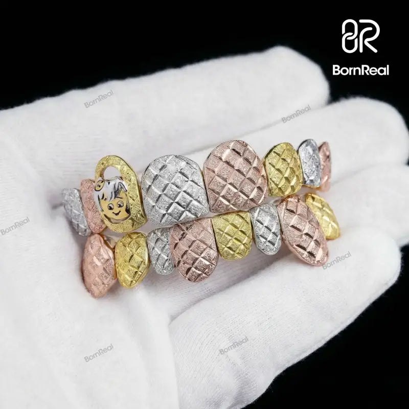 Custom Tri-Tone Diamond Dust And Diamond Cut Grillz