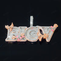 Baguette Cut Iced Rose and Bird Customized Name Pendant