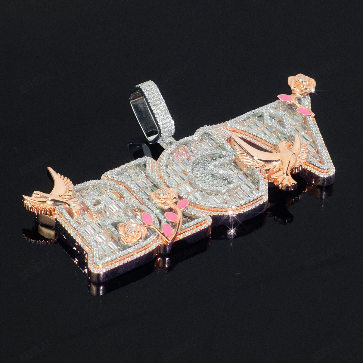 Baguette Cut Iced Rose and Bird Customized Name Pendant_1