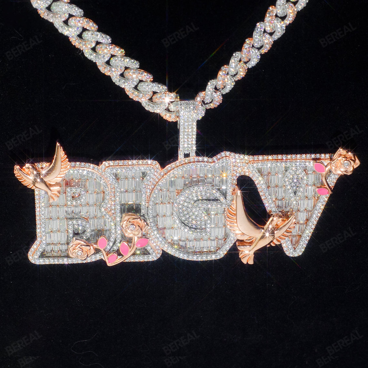 Baguette Cut Iced Rose and Bird Customized Name Pendant_3