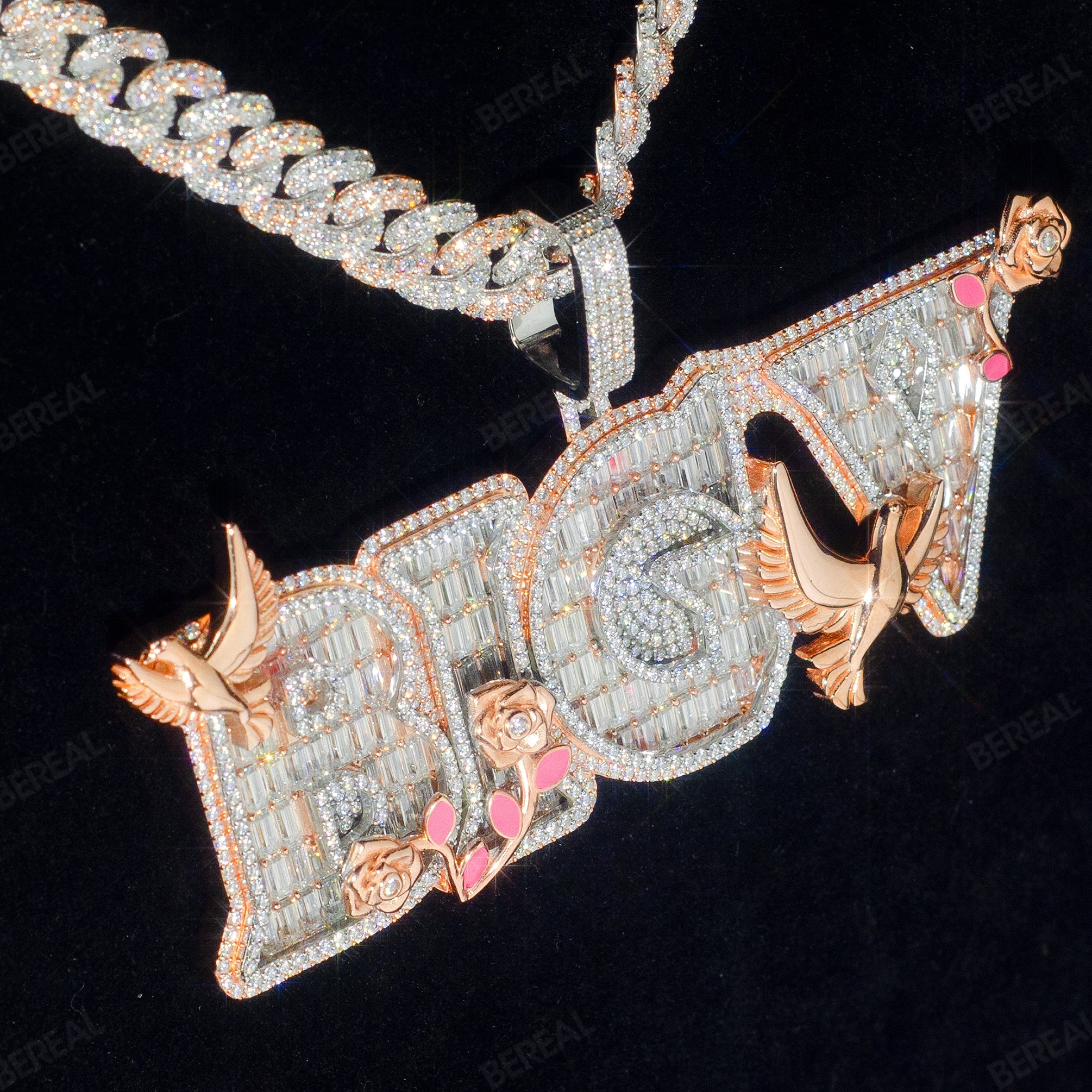 Baguette Cut Iced Rose and Bird Customized Name Pendant_4