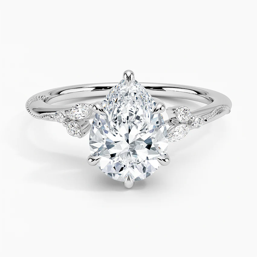 Bornreal Lab-Grown Diamond Pear Camellia Milgrain Diamond Engagement Ring.