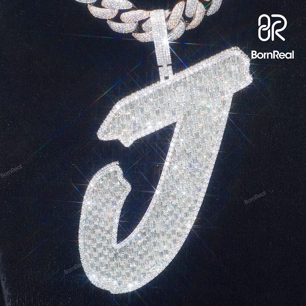 Custom Baguette Moissanite Initial Chain Letter Diamond Pendant