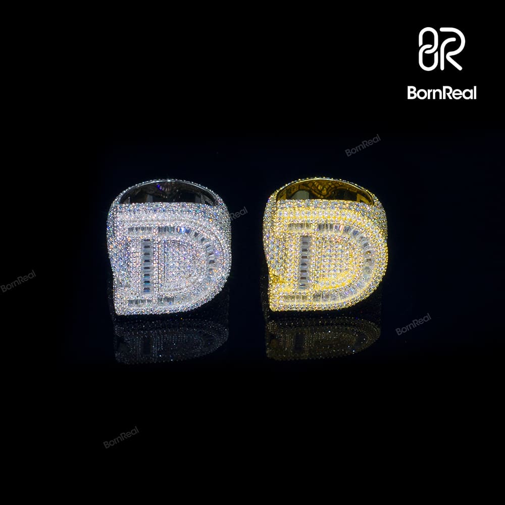 Custom Hip Hop VVS Moissanite Baguette Diamond Initial Letter Ring Hip Hop Ring Bornreal Jewelry - Bornreal Jewelry
