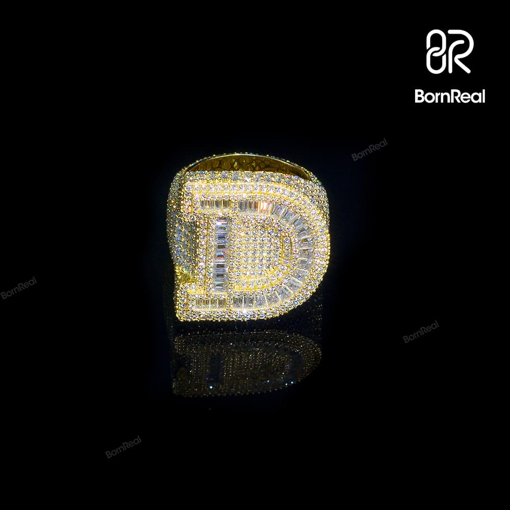 Custom Hip Hop VVS Moissanite Baguette Diamond Initial Letter Ring Hip Hop Ring Bornreal Jewelry - Bornreal Jewelry