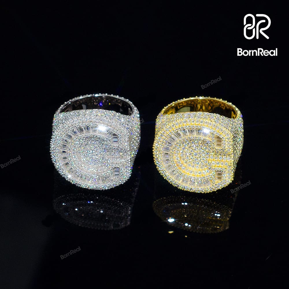 Custom VVS Moissanite Baguette Diamond Letter Iced Out Hip Hop Ring Bornreal Jewelry - Bornreal Jewelry