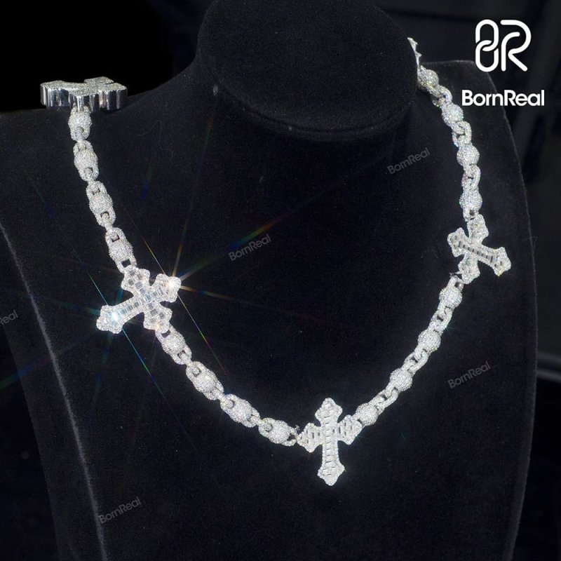 Iced Out Cross Ball Chain Necklace Cuban Gold Chain Hip-Hop Punk Style_01