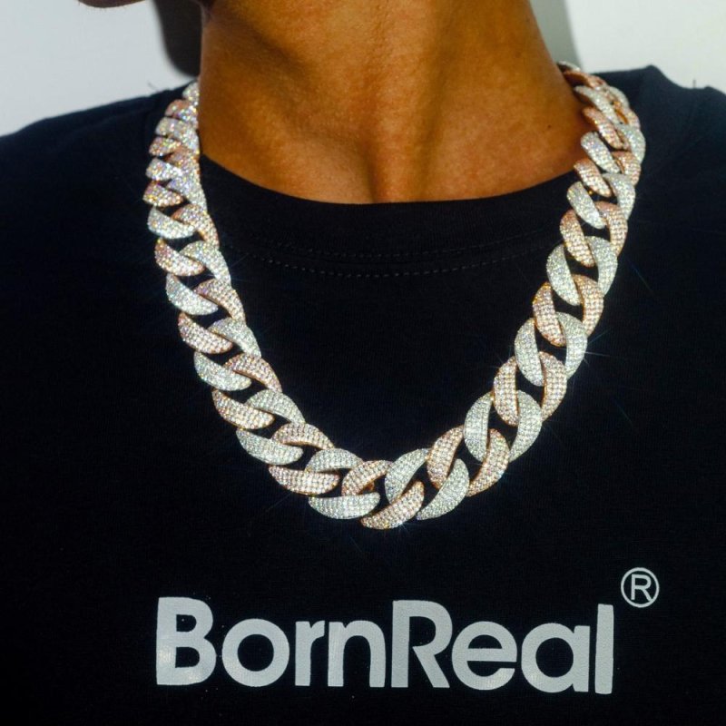 Iced Out Two Tones Curved Chunky Cuban Chain Links Necklace & Bracelet
