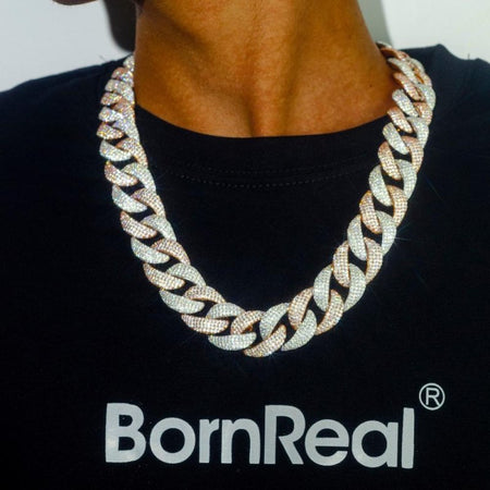 Iced Out Two Tones Curved Chunky Cuban Chain Links Necklace & Bracelet