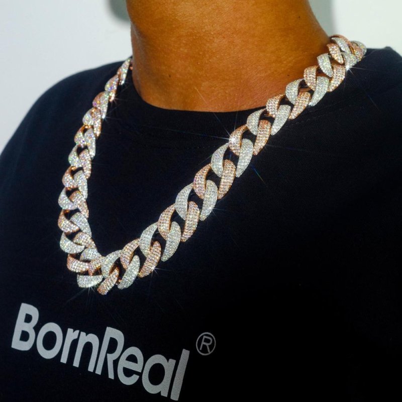 Iced Out Two Tones Curved Chunky Cuban Chain Links Necklace & Bracelet_01