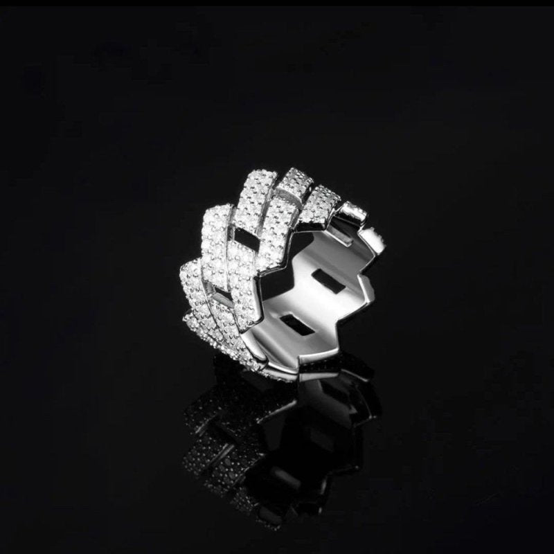 Men's Double Row Cuban Link Ring 925 Silver VVS Stone 18K Gold Plating_01