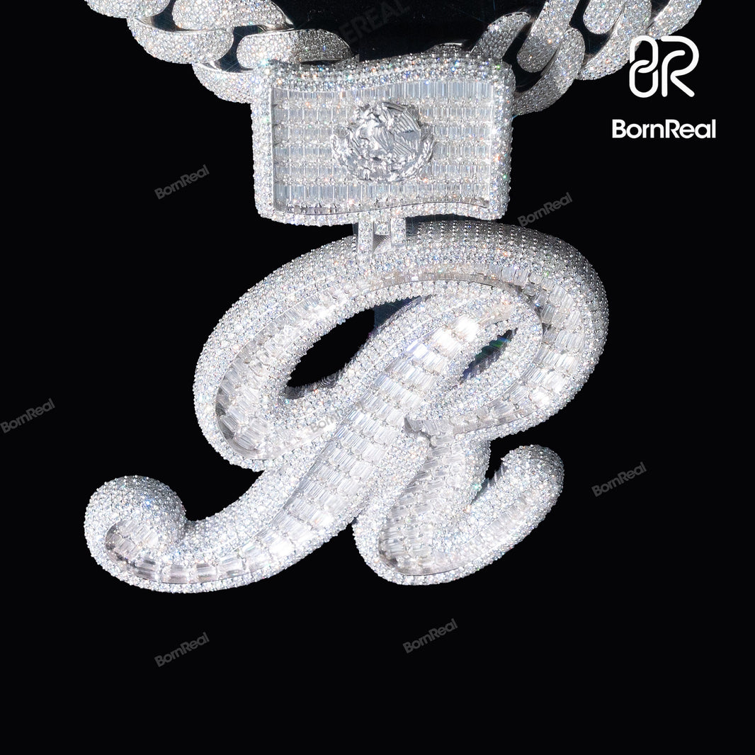 Iced Out R Letter Silver Custom Pendant Initial Pendant Bornreal Jewelry