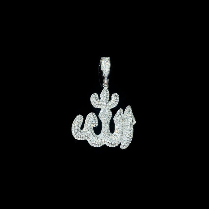 Allah God Arabic Charm D Color Moissanite Diamond 925 Silver Pendant 2"