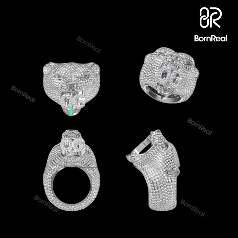 Custom 3D Bear Head Iced Out Diamond Moissanite Hip Hop Male Ring