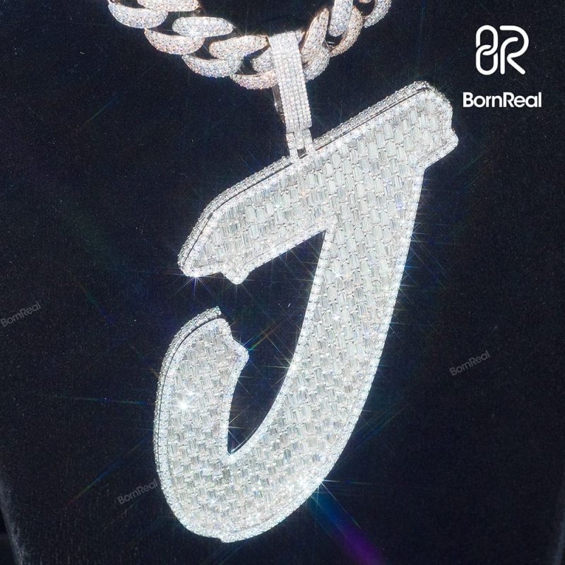 Custom Baguette Moissanite Initial Chain Letter Diamond Pendant