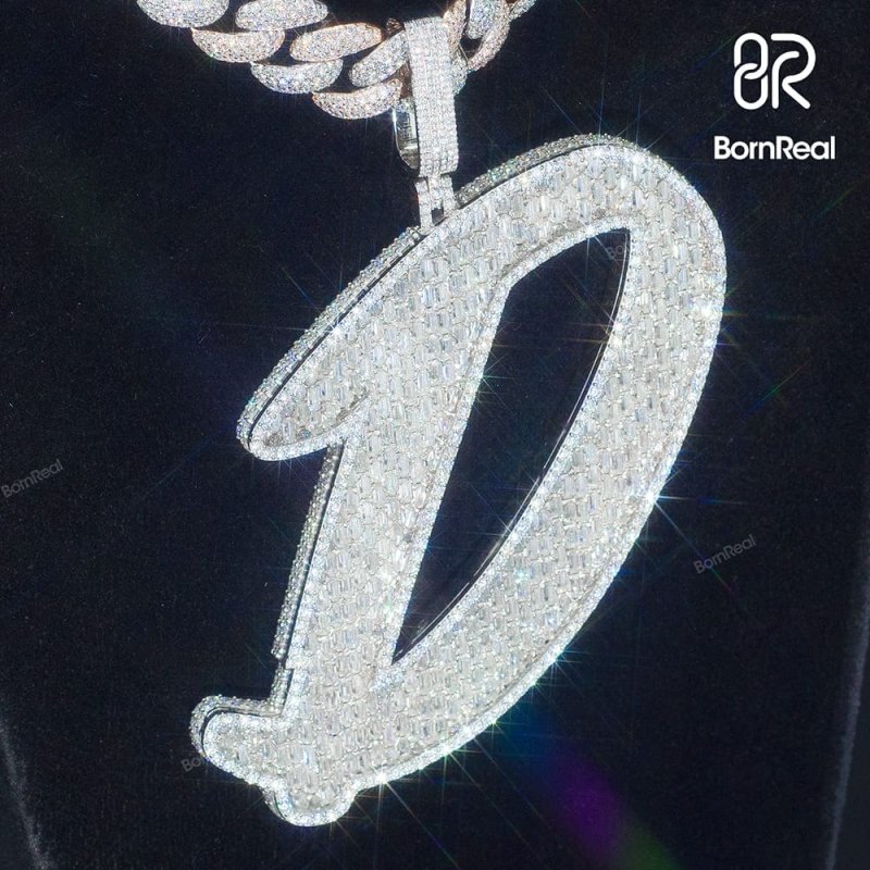 Custom Baguette Moissanite Letter Chain Iced Out Pendant