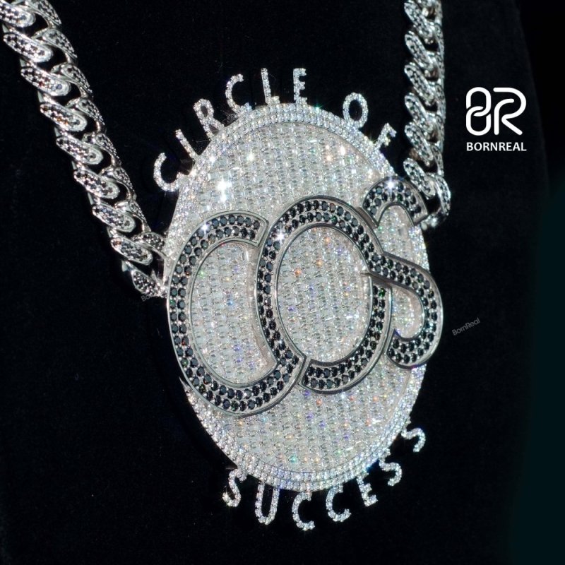 Custom Baguette Silver Moissnite Letters Chain Disc Big Round Hip Hop Logo Pendant