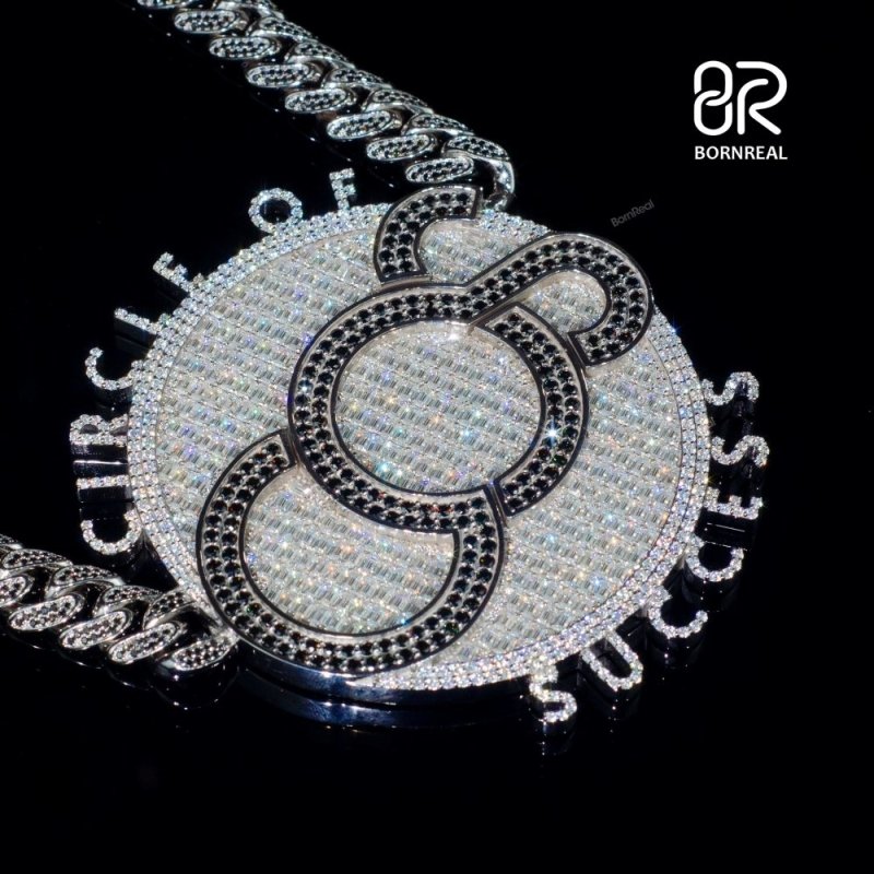 Custom Baguette Silver Moissnite Letters Chain Disc Big Round Hip Hop Logo Pendant