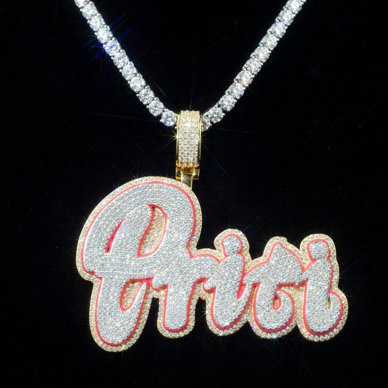 Custom Bust Down Enamel Moissanit Diamond 925 Silver Name Pendant