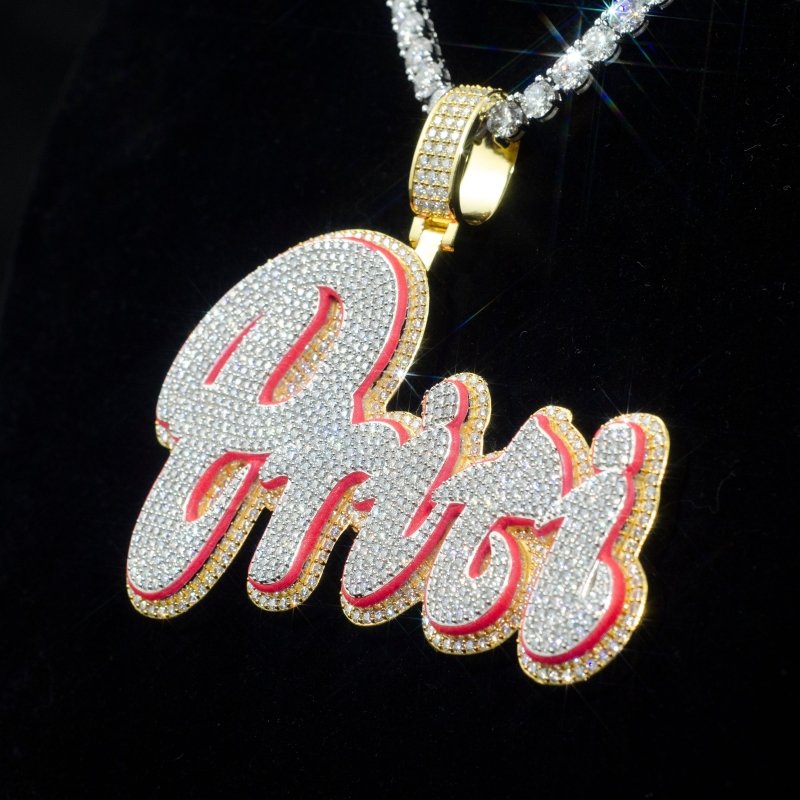 Custom Bust Down Enamel Moissanit Diamond 925 Silver Name Pendant