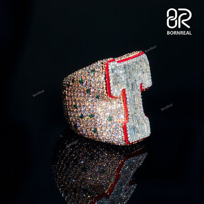 Custom Enamel VVS Baguette Moissanite Diamond Initial Letter Ring