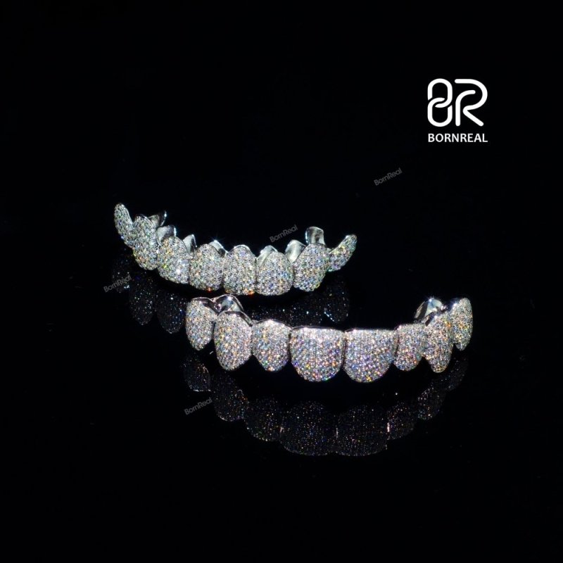 Custom Fashion Hip Hop Jewelry 925 Sterling Silver Iced Out VVS Diamond Round Cut Honeycomb Moissanite Teeth Grillz For Mens