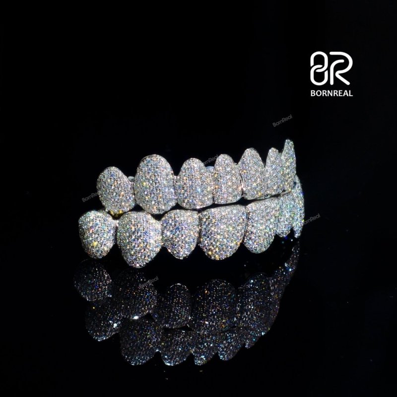 Custom Fashion Hip Hop Jewelry 925 Sterling Silver Iced Out VVS Diamond Round Cut Honeycomb Moissanite Teeth Grillz For Mens