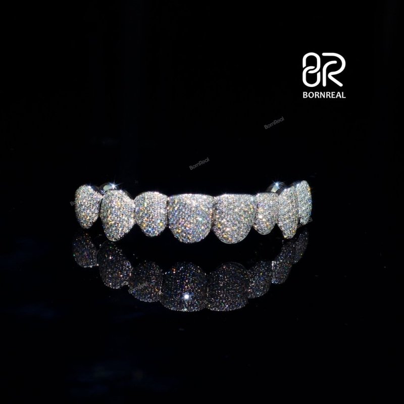 Custom Fashion Hip Hop Jewelry 925 Sterling Silver Iced Out VVS Diamond Round Cut Honeycomb Moissanite Teeth Grillz For Mens