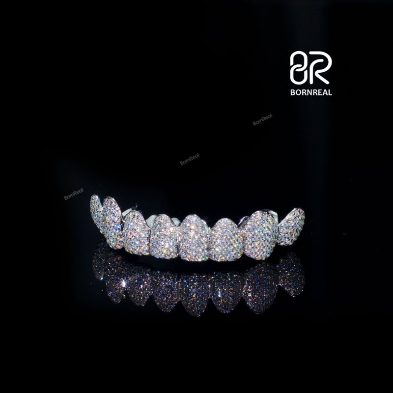 Custom Fashion Hip Hop Jewelry 925 Sterling Silver Iced Out VVS Diamond Round Cut Honeycomb Moissanite Teeth Grillz For Mens