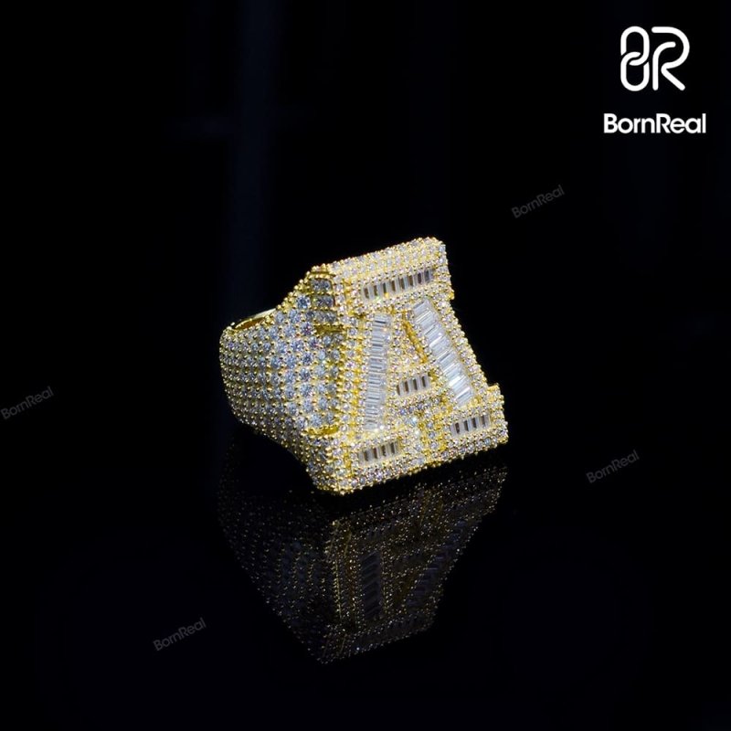 Custom Iced Out VVS Moissanite Baguette Diamond Hip Hop Initial Letter Ring