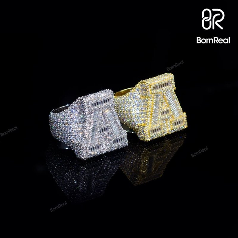 Custom Iced Out VVS Moissanite Baguette Diamond Hip Hop Initial Letter Ring