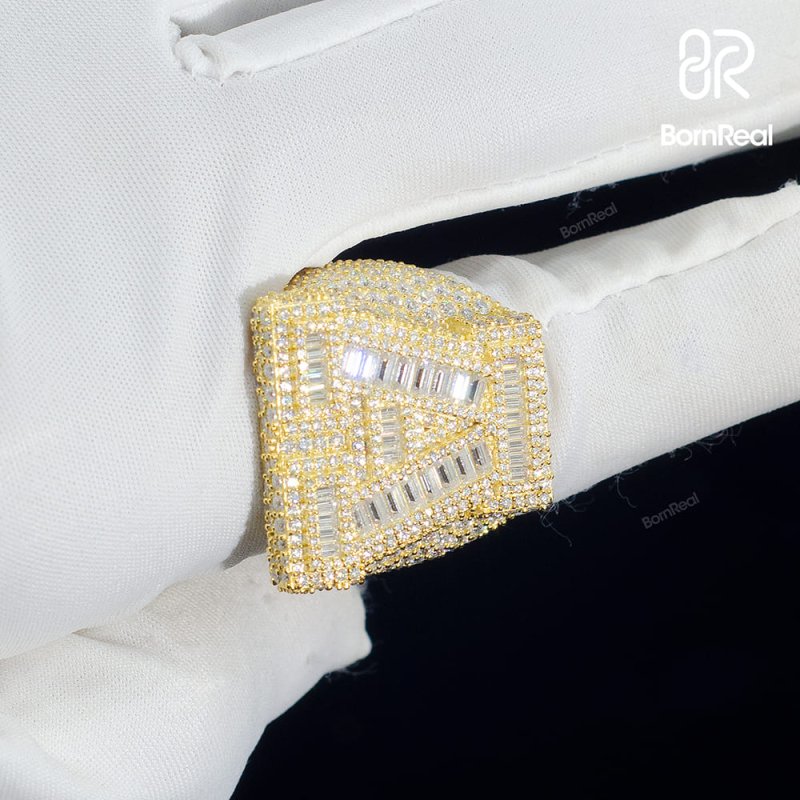 Custom Iced Out VVS Moissanite Baguette Diamond Hip Hop Initial Letter Ring