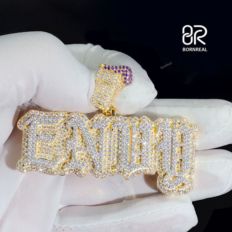 Yellow Gold Round Cut Iced Out Custom Name Pendant with Custom Bail