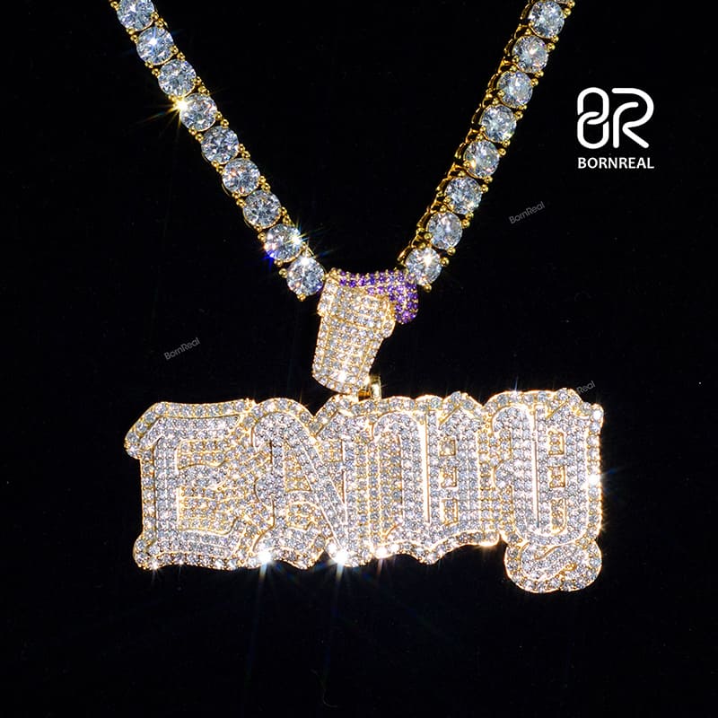 Yellow Gold Round Cut Iced Out Custom Name Pendant with Custom Bail