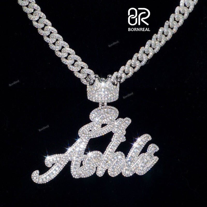 Custom Moissanite Hip Hop chain White Gold Crown Name Pendant